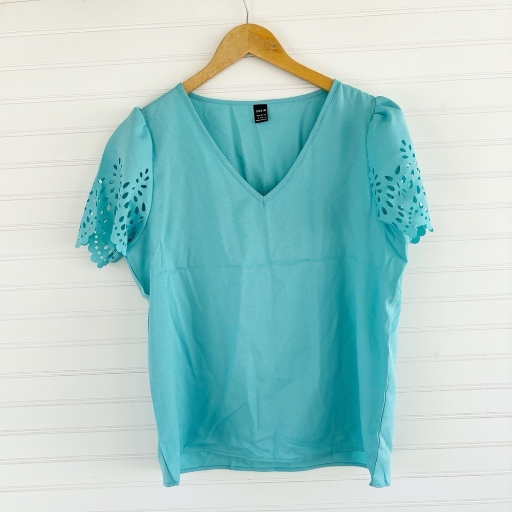SHEIN Blouse Large Turquoise Blue Eyelet Laser Cut Puff Sleeve V-Neck Top